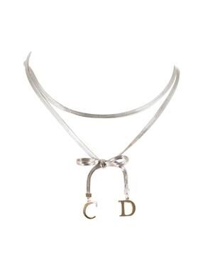 Christian Dior CD Bow Charm Necklace Silver Tone Double Chain